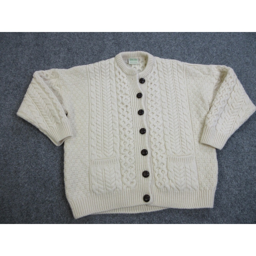 Aran Isles Knitwear Cardigan Sweater Womens Medium‎ Ivory Cable Made in Ireland